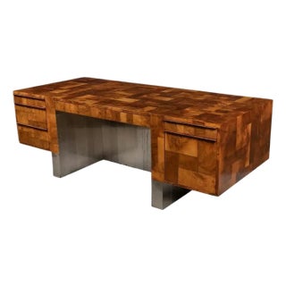 Paul Evans 'Cityscape' Patchwork Burl and Chrome Executive Desk, 1970s, Signed For Sale