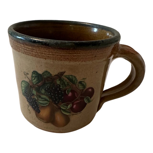 Vintage Monroe Salt Works Glazed Stoneware Coffee Mug With Fruit Motif For Sale