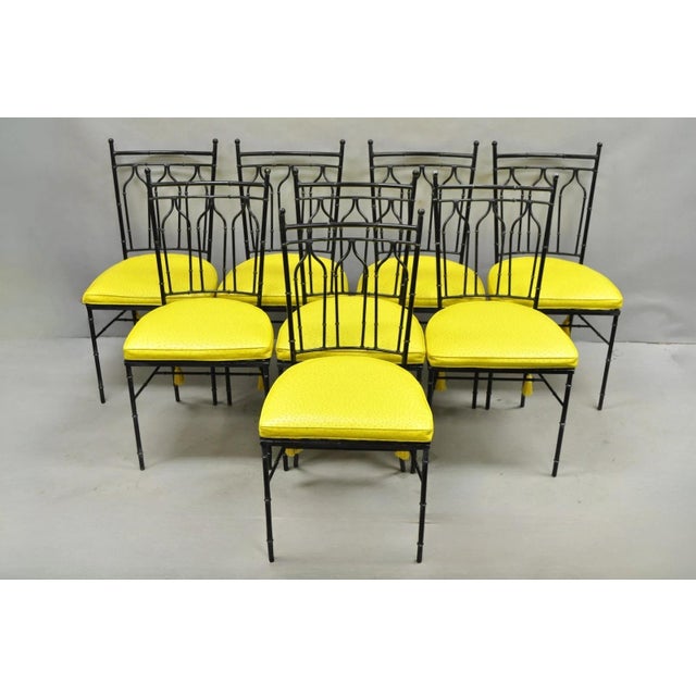 Vintage John Salterini Hollywood Regency/Mid Century Modern Wrought Iron Faux Bamboo Black Dining Side Chairs - Set of 8....