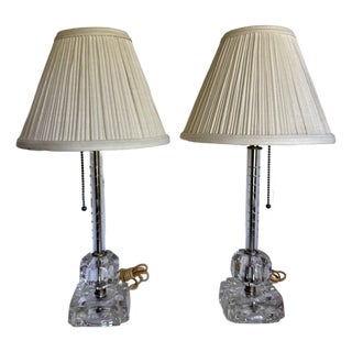 Vintage Mid-Century Hollywood Regency Glass Table Lamps With Etched Glass Stem & Pleated Shades - a Pair For Sale