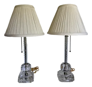 Vintage Mid-Century Hollywood Regency Glass Table Lamps With Etched Glass Stem & Pleated Shades - a Pair