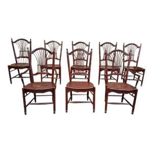 Late 20th Century Tom Seely Solid Cherry Country French Wheat / Sheaf Back Dining Side Chairs. Set of 8