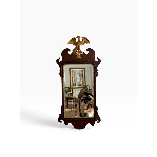 Antique Regency Style Burl Walnut & Giltwood Eagle Mirror. Marked Made In England.