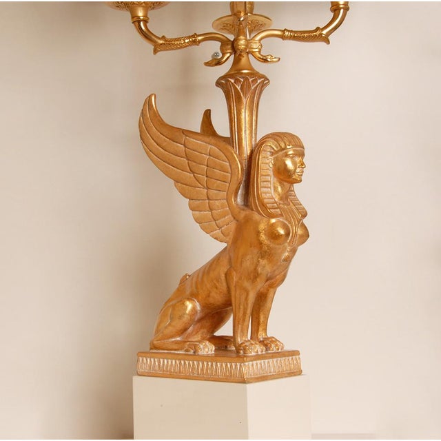 Egyptian Revival Empire Style Bouilotte Lamps with Sphinxes in Gilt Wood and Marble, 1980s, Set of 2 For Sale - Image 9 of 13