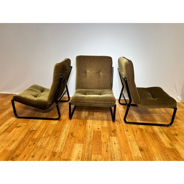 Metal Bauhaus Black Steel and Green Upholstery Lounge Chairs, 1970s, Set of 3 For Sale - Image 7 of 18