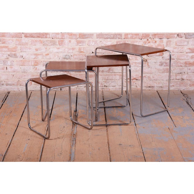 Wood Nesting Tables in Oak and Chrome by M. Breuer for Thonet, Czech, 1920s, Set of 4 For Sale - Image 7 of 15