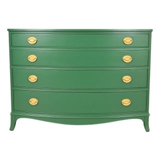 Baker Furniture Style Federal Green Lacquered Mahogany Bow Front Dresser Chest, Newly Refinished For Sale