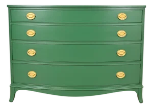 Baker Furniture Style Federal Green Lacquered Mahogany Bow Front Dresser Chest, Newly Refinished