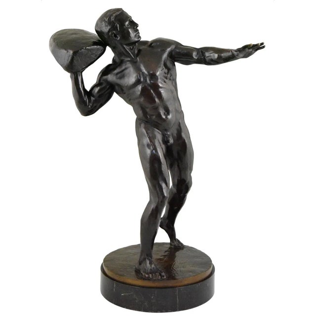 Antique Bronze Sculpture of Male Nude with Stone by Hugo Siegwart For Sale - Image 12 of 12