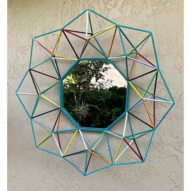 Turquoise Funky One-of-a-Kind Hand-Painted Geometric Metal Mirror – 3d Sunburst Wall Art For Sale - Image 8 of 18