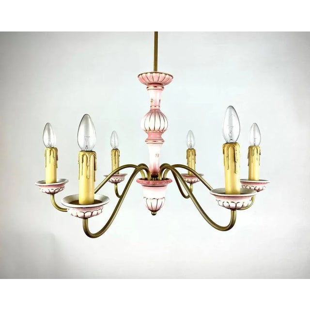 Elegant handmade ceramic floral designer chandelier. hanging 6 horn chandelier, made of brass frame in gold color, body...