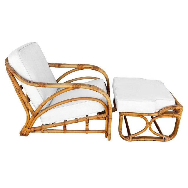 1940s Restored Mid-Century 3-Stand 1949er Reed Rattan Chaise Lounge W/ Ottoman For Sale - Image 5 of 16