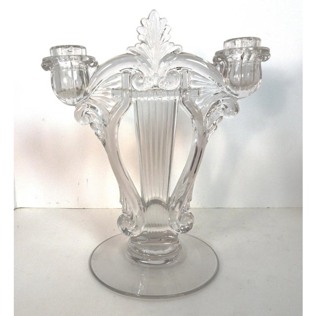 Transparent Pair of 1920s Art Deco Period Pressed Glass Two-Light Tall Candelabra For Sale - Image 8 of 12