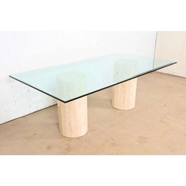 Cream Matteo Grassi Modern Italian Travertine Double Pedestal Glass Top Dining Table, Circa 1970s For Sale - Image 8 of 8