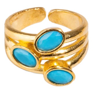 Trio Turquoise Gemstone & Gold Stylish Adjustable Cocktail Ring For Sale