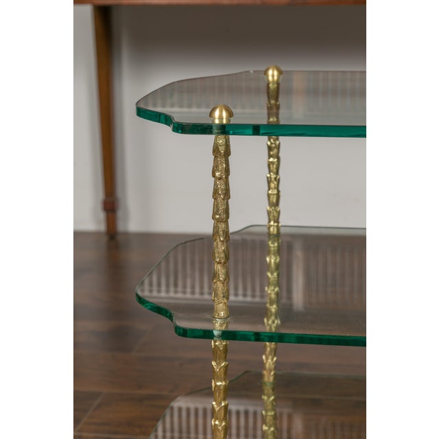 Mid 20th Century Brass Three-Tiered Table with Glass Shelves and Foliage Motifs For Sale - Image 9 of 12