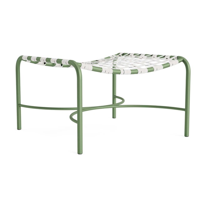 Brown Jordan Kantan Aluminum Ottoman in Bay Leaf with White Suncloth Strapping For Sale