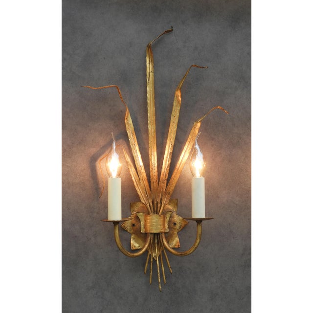 Spanish Gilt Ferrocolor Tole Wheat Sheaf Wall Sconces, 1950, Set of 2 For Sale - Image 6 of 11