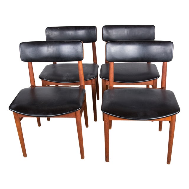 Danish Chairs in Teak, Black Skai and Brass by Sven Chrobat for Sax, 1960, Set of 4 For Sale
