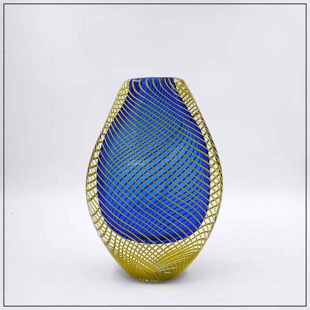Blue Flattened Optical Twisted Vase with Yellow Twist For Sale - Image 13 of 13
