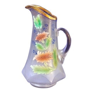 Antique Frosted Floral Art Glass Pitcher Victorian Bohemian Hand Painted Enameled Flowers For Sale