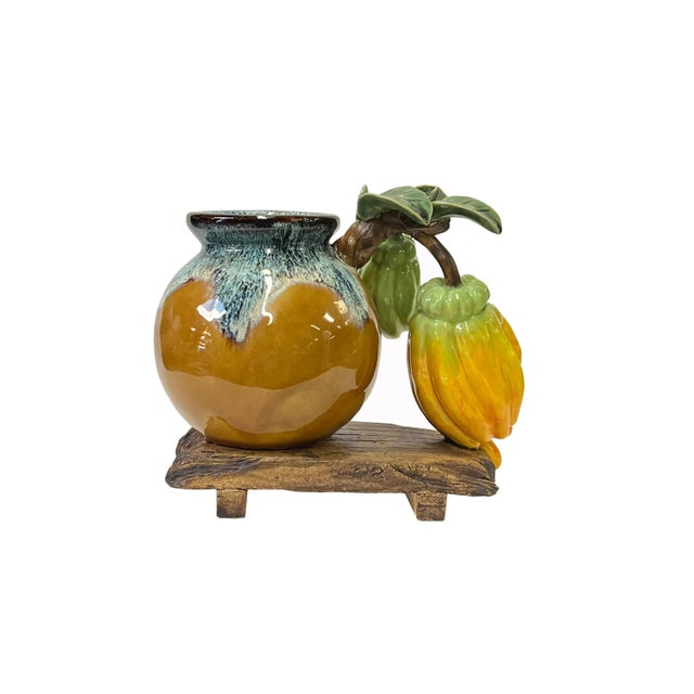 Art Deco Chinese Drop Blue Tan Buddha Fingers Citrus Fruits Holder Pot Vase For Sale - Image 3 of 6