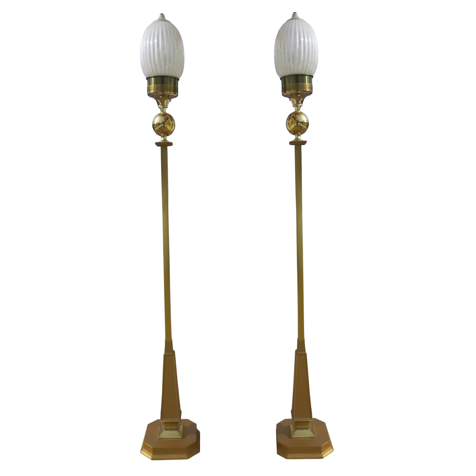 1940s French Art Deco 2Tone Brass Lamp Post / Floor Lamp With Reeded