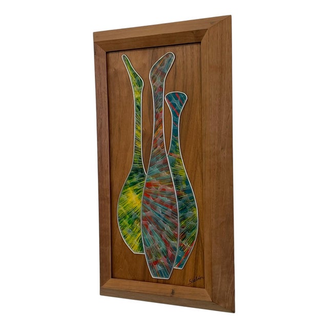 Mid-Century Modern Vintage Mid-Century Modern Abstract Mixed Media Wall Art by Sheldon in Walnut Toned Frame. For Sale - Image 3 of 10