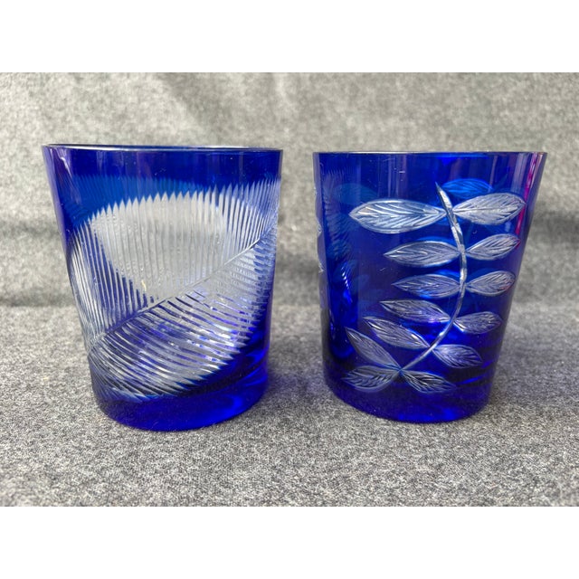 Mid 20th Century Bohemia Cut to Clear Cobalt Etched Tumblers Glasses a Pair For Sale - Image 10 of 15