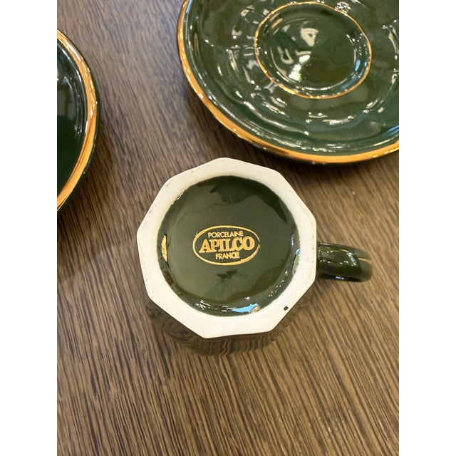 Late 20th Century Apilco Green + Gold Bistroware Demitasse Cups + Saucers, Set of Ten For Sale - Image 12 of 12