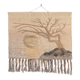 Vintage 1970s-80s Fiber Art Tapestry Weaving of California Coast Tree and Sun For Sale