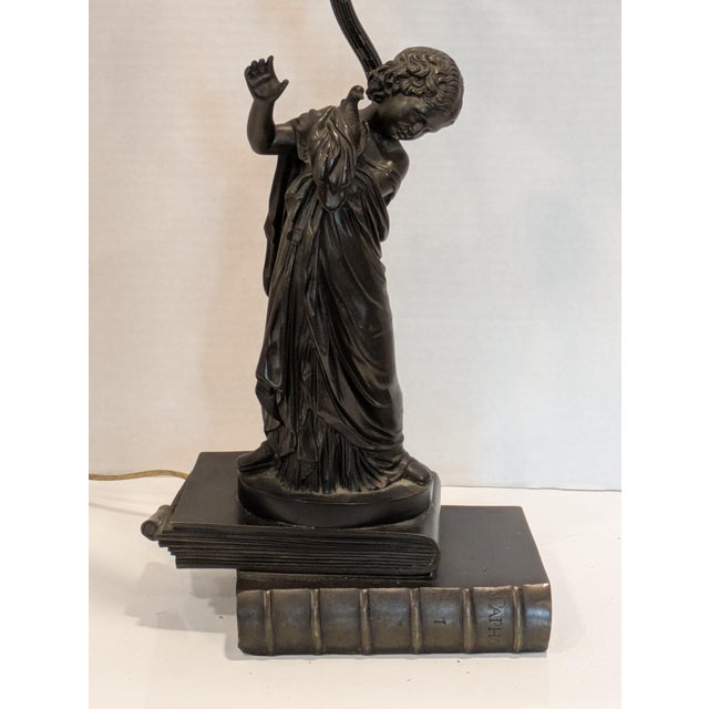 Figurative Antique Bronze Lamp Featuring a Girl Holding a Dove by A. Messina For Sale - Image 3 of 14