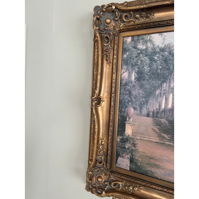 Green Gorgeous Framed Vintage Textured Canvas Italian Balcony Scene For Sale - Image 8 of 11