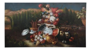 Vintage Painting Still Life on Canvas. Flowers and Fruits