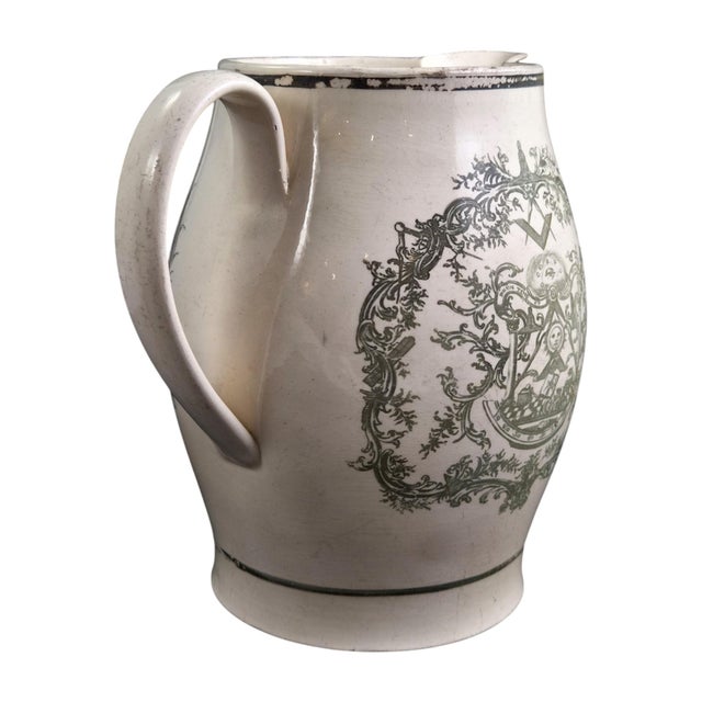 Olive-Green Transferware Masonic Creamware Jug from Staffordshire, 1800s For Sale - Image 6 of 12