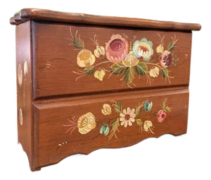 1970s Vintage Hand-Painted Wooden Jewelry Trinket Box, Folk Art Style Floral Organizer