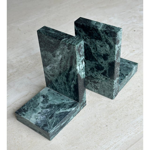 Vintage green marble bookends with beveled edges and beautiful veining. 5.5H x 3.25W x 4D