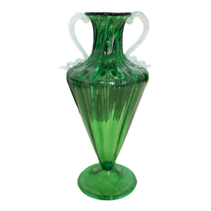Vintage Green Italian Murano Ribbed Soffiato Glass Vase With Applied Handles in the Manner of Vittorio Zecchin