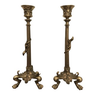 Antique Lizard Motif Neoclassical Candlesticks - a Pair For Sale
