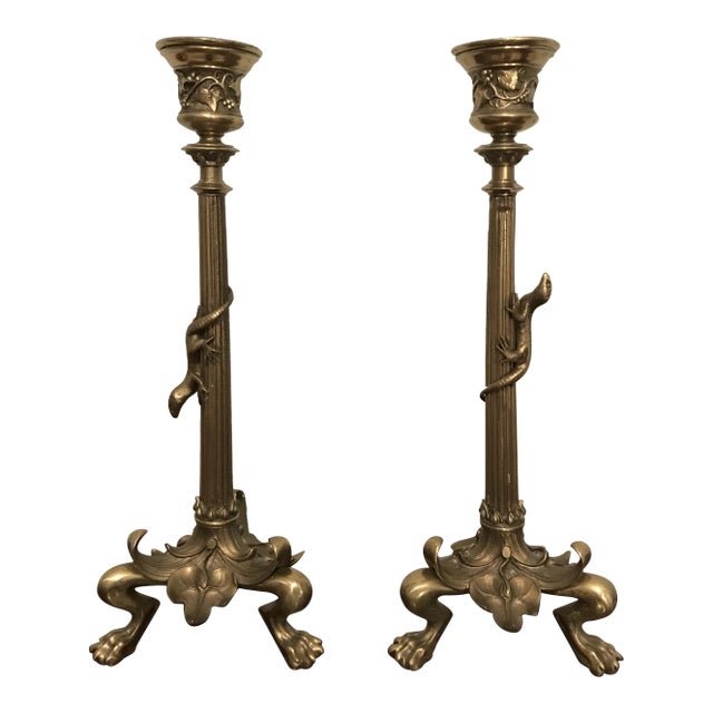 Antique Lizard Motif Neoclassical Candlesticks - a Pair For Sale