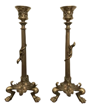 Antique Lizard Motif Neoclassical Candlesticks - a Pair