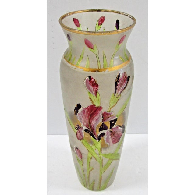 Vintage Mont Joye Legras Hand Painted Iris Flower Frosted Glass Vase This is an antique French Art Nouveau glass vase,...