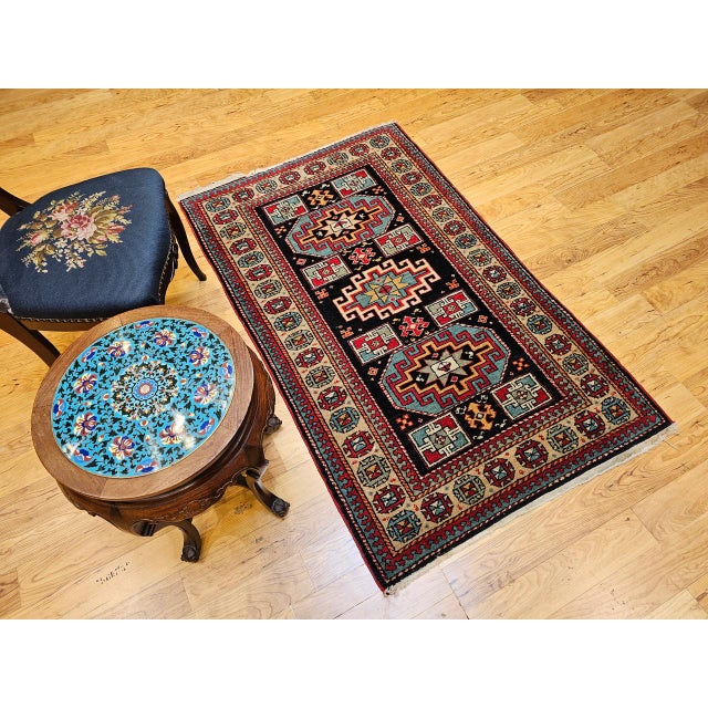 Vintage Persian Kurdish Rug, Hand-Knotted Wool, Geometric Pattern, Navy & Tan, 3x5 For Sale - Image 10 of 18