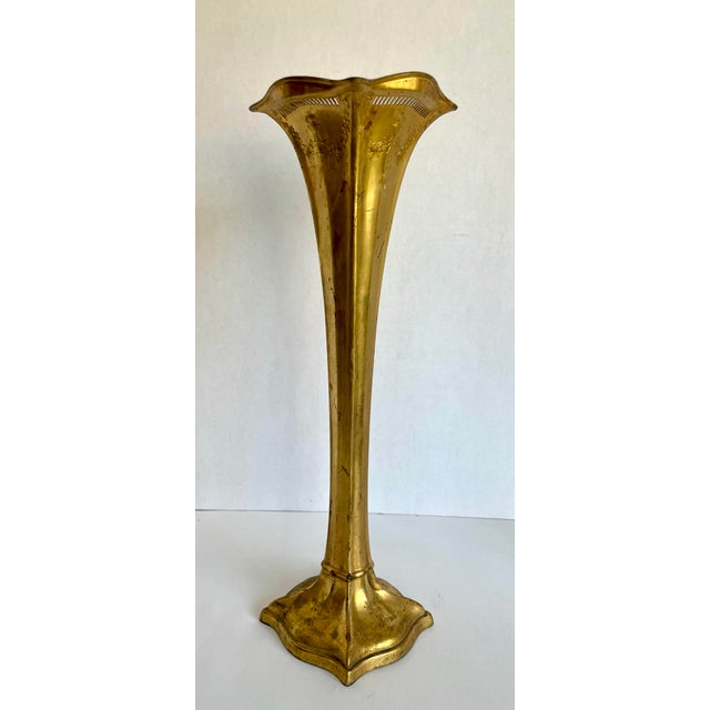 Antique Art Nouveau Gilt Metal Trumpet Altar Vase With Floral Relief For Sale In Los Angeles - Image 6 of 14