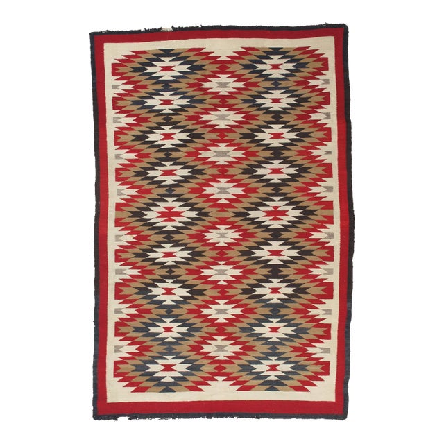 Vintage Navajo Carpet, Folk Rug, Handmade Wool, Beige, Red, Tan For Sale