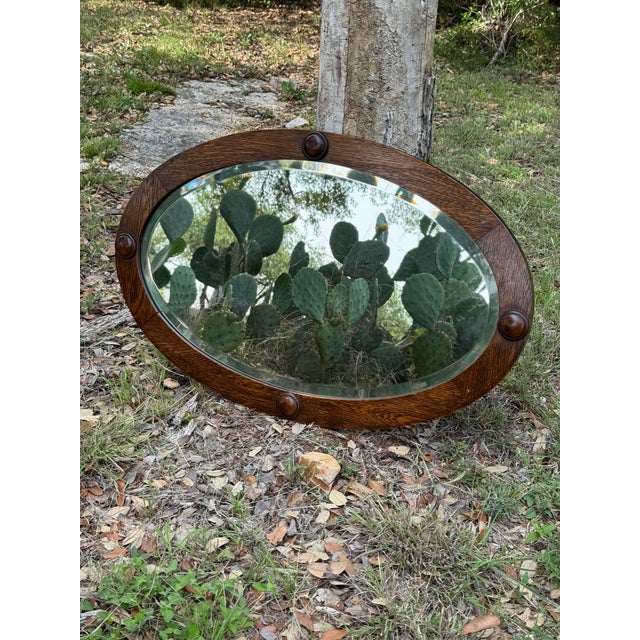 Antique Early 20th Century Oak Framed Beveled Oval Wall Mirror For Sale In Austin - Image 6 of 8
