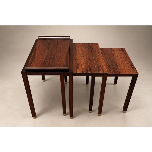 Set of Three Brazilian Rosewood Nesting Tables with Removable Tray & Brass Sabots, 1960s For Sale - Image 17 of 18