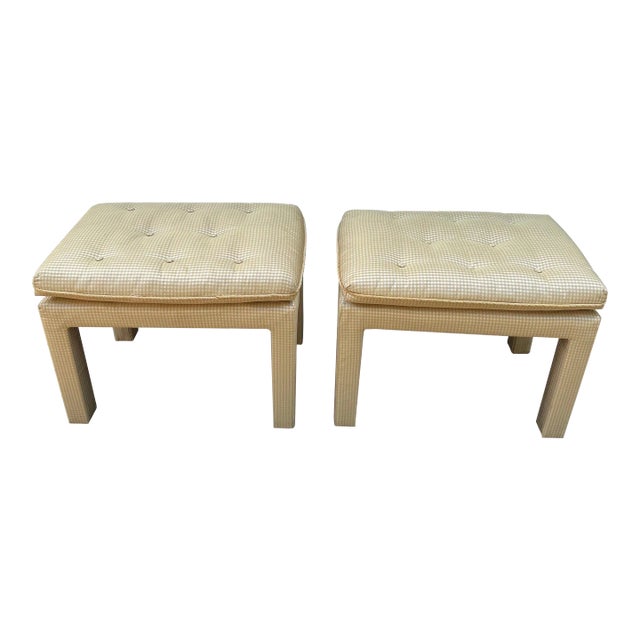 Pair of Billy Baldwin Style Silk Pillow Top Ottomans or Stools For Sale