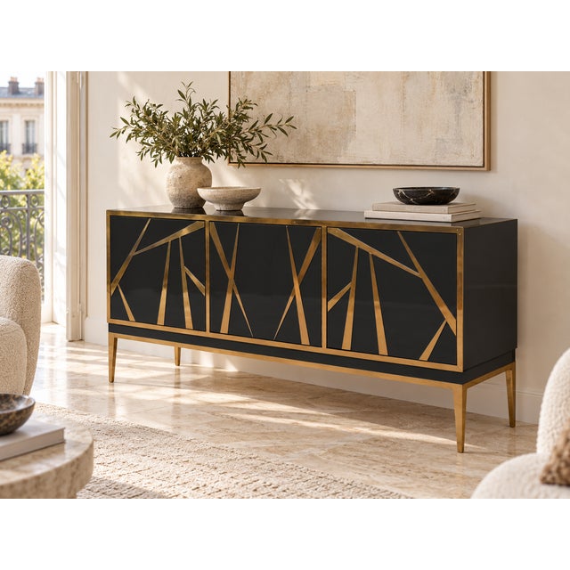 Wood Italian Black Murano Glass and Brass Three-Door Sideboard from Justfurnituress SRL For Sale - Image 7 of 9