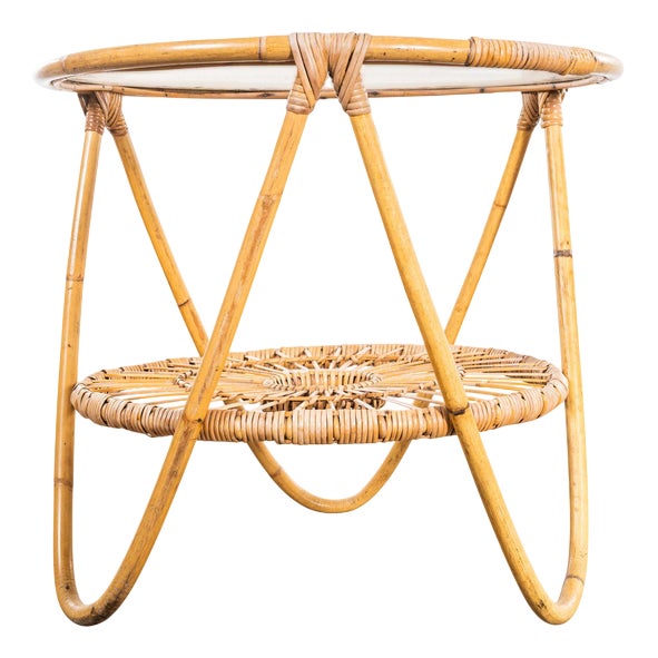 Small Round Rattan Table with Glass Top, 1950s For Sale